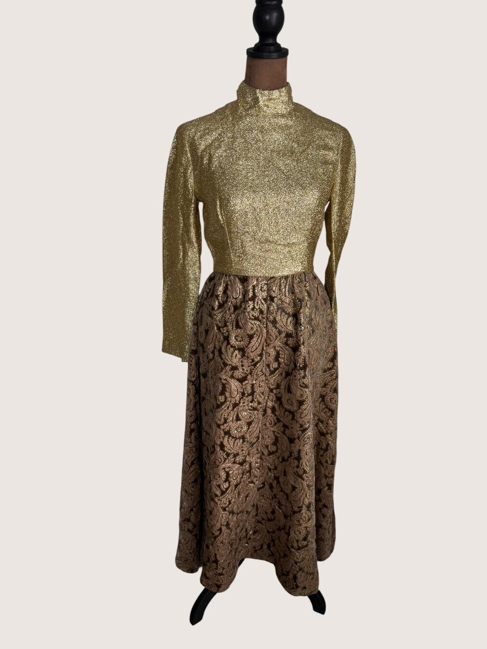 Vintage Gold Metallic Mock Neck Brocade Maxi Dress